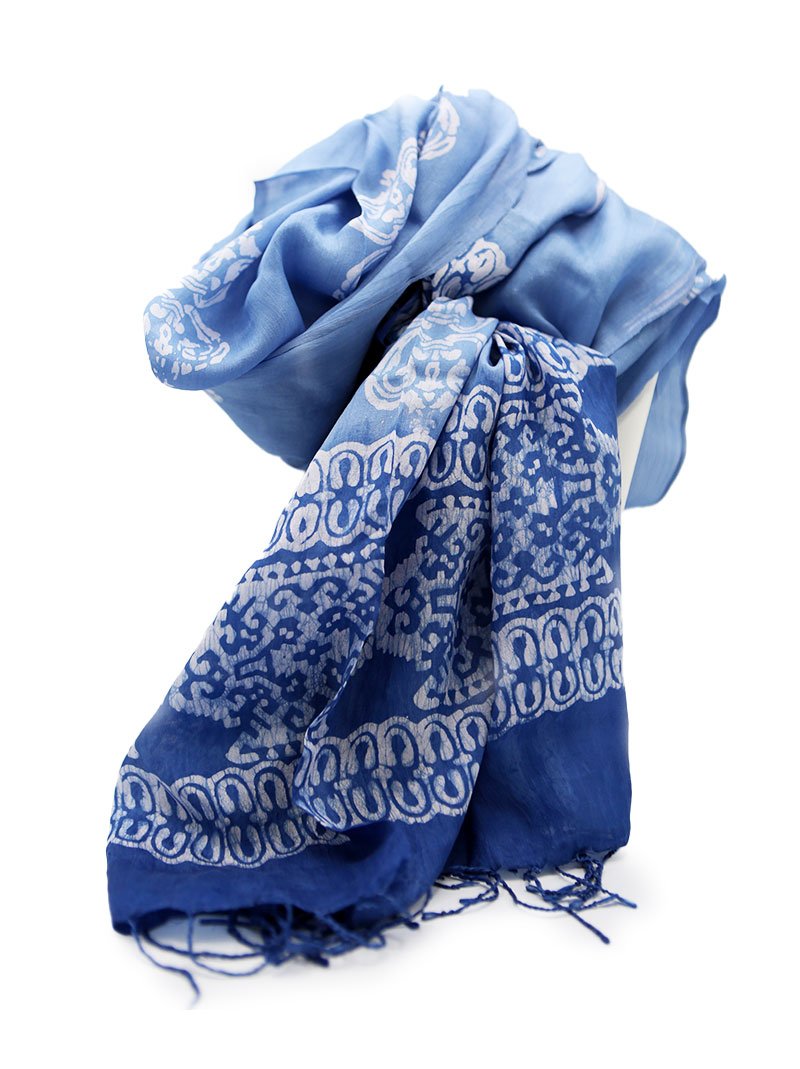 Silk - Block Print - Blue with Tassels