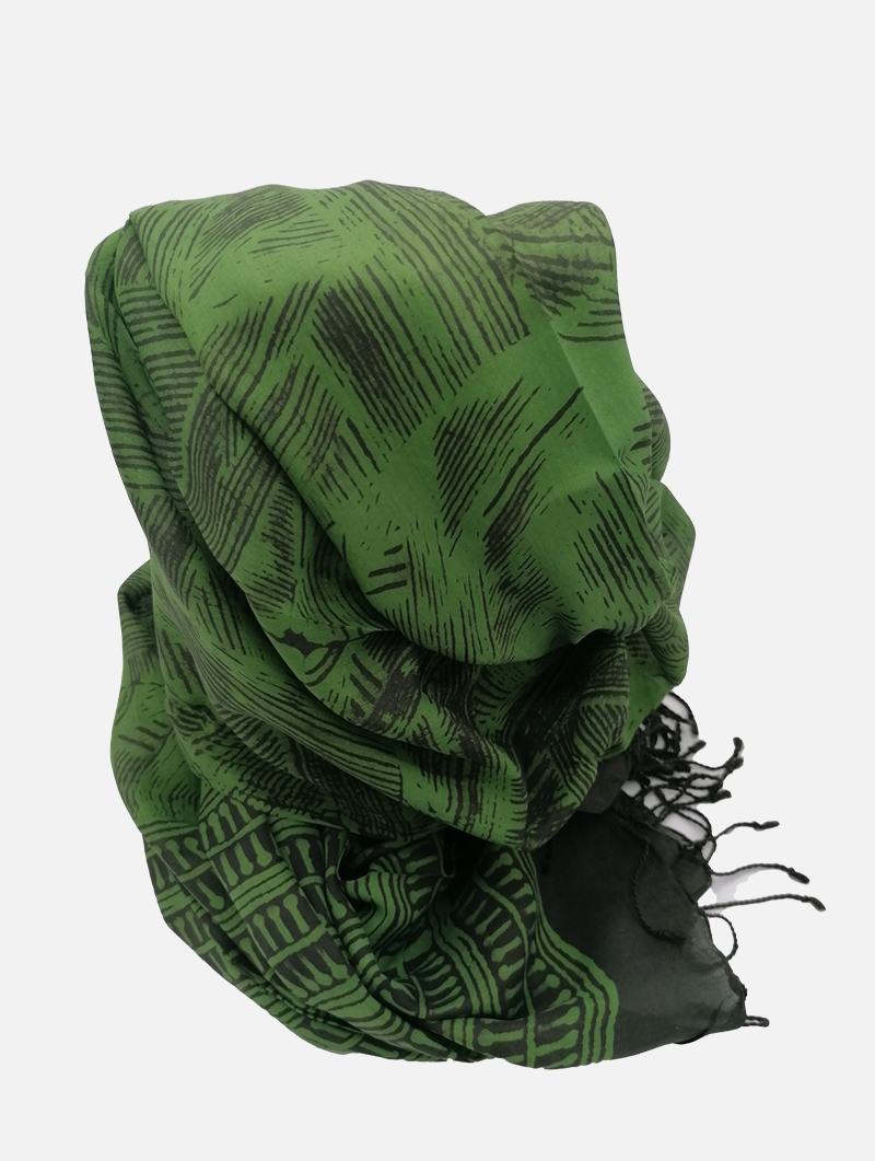 Silk-Block Print-Dark Green, Black with Tassles 2