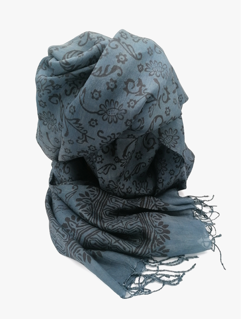 Silk-Block Print-Teal/Grey Black with Tassles