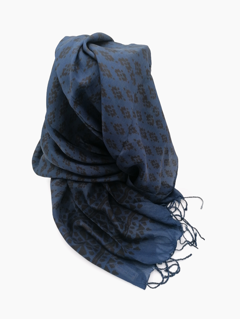 Silk-Block Print-Indigo, Black with Tassles