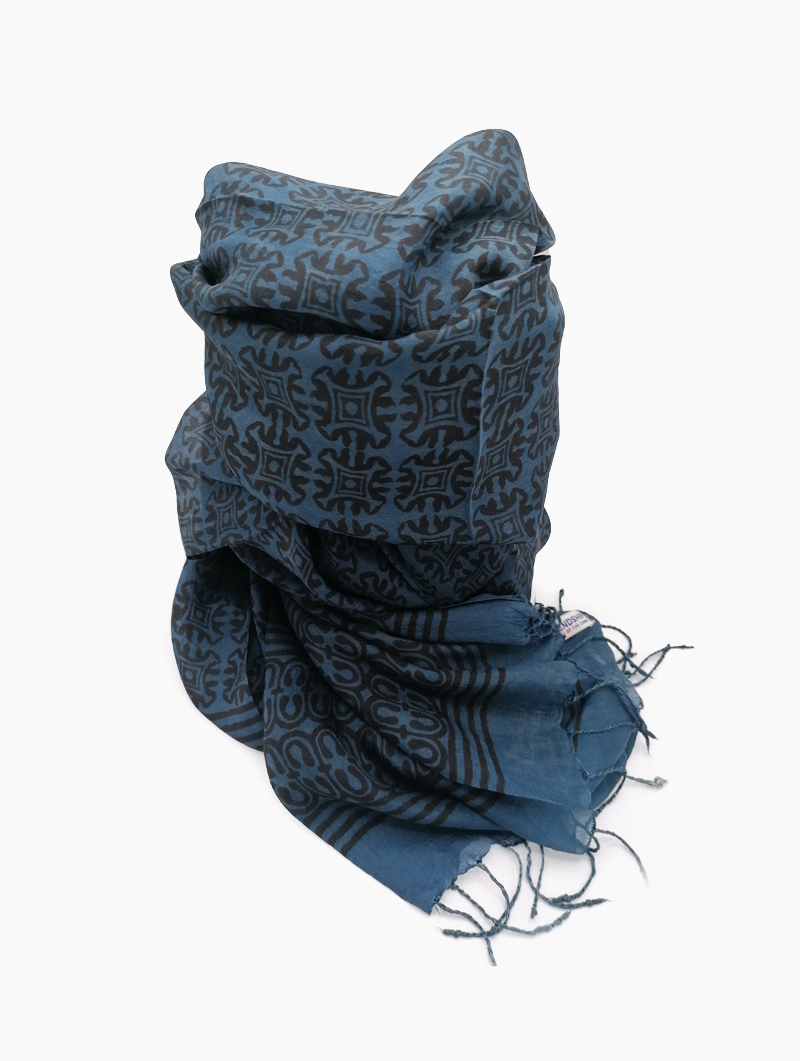 Silk-Block Print-Dusty Indigo, Black with Tassles