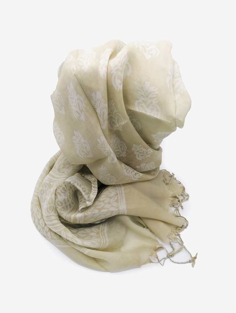 Silk-Block Print-Light Beige with Tassles