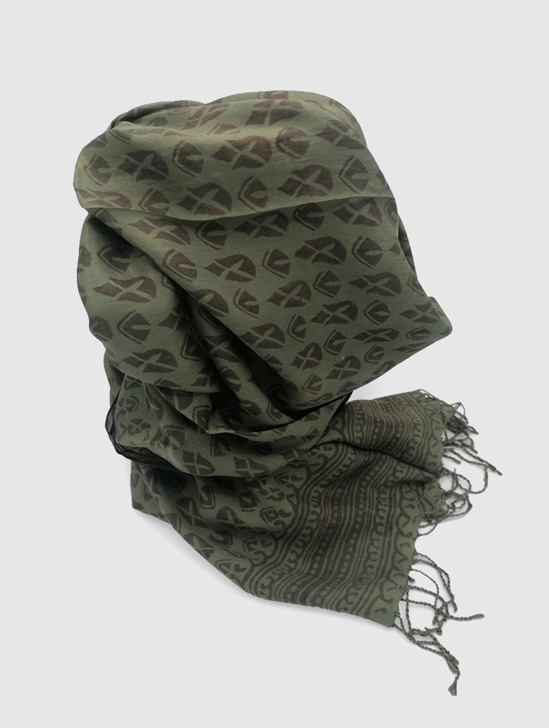 Silk-Block Print-Olive, Black with Tassles