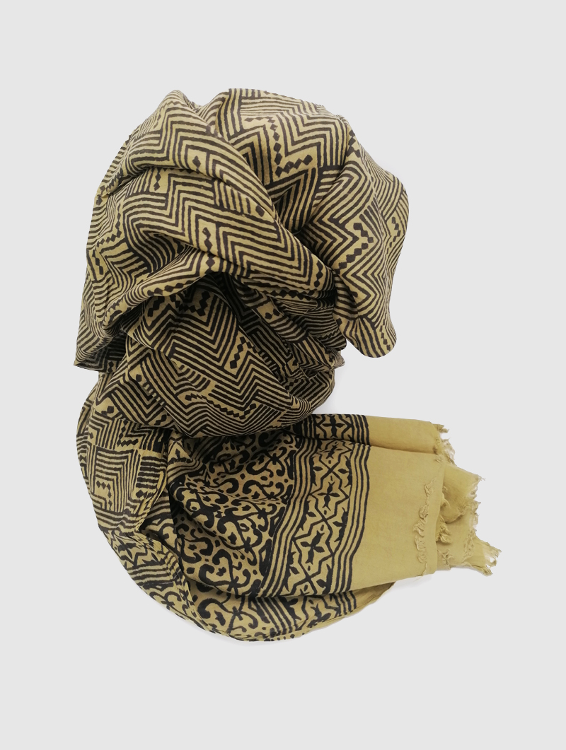 Silk-Block Print-Olive with Fringes