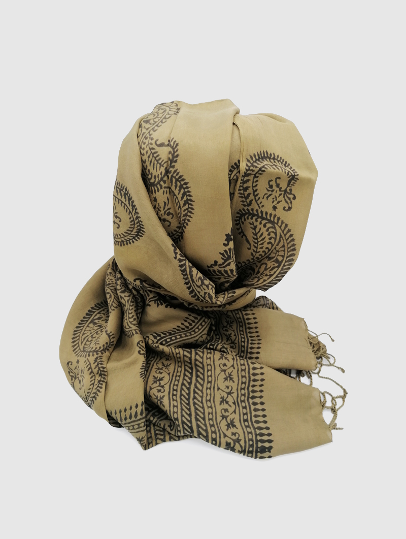 Silk-Block Print-Olive with Tassels