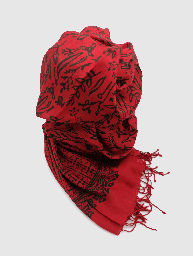 Silk-Block Print-Red, Black with Tassles