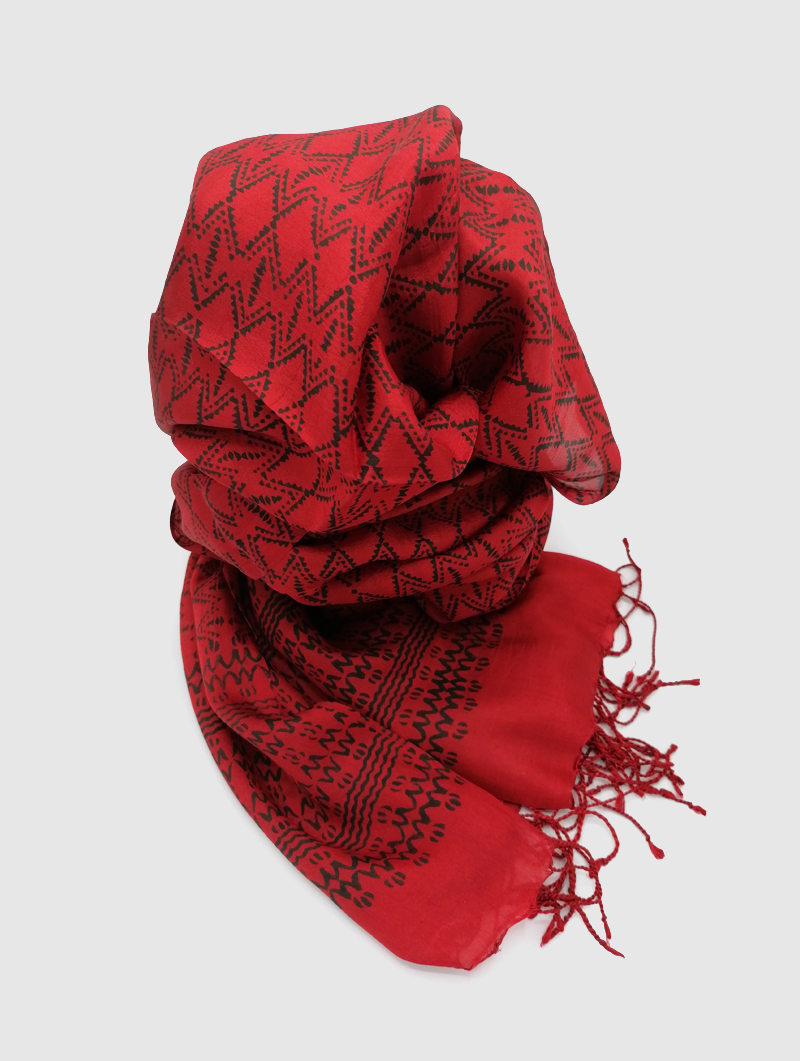 Silk-Block Print-Red, Black with Tassles