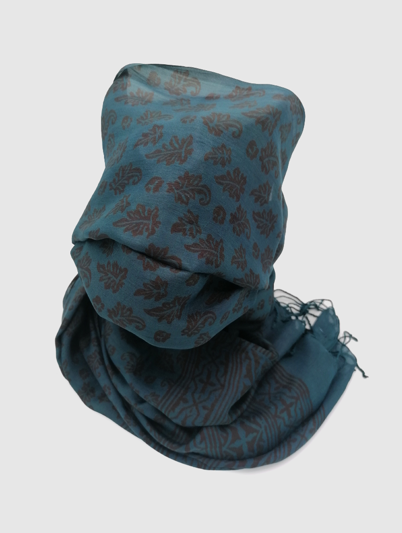 Silk-Block Print-Teal, Black with Tassels