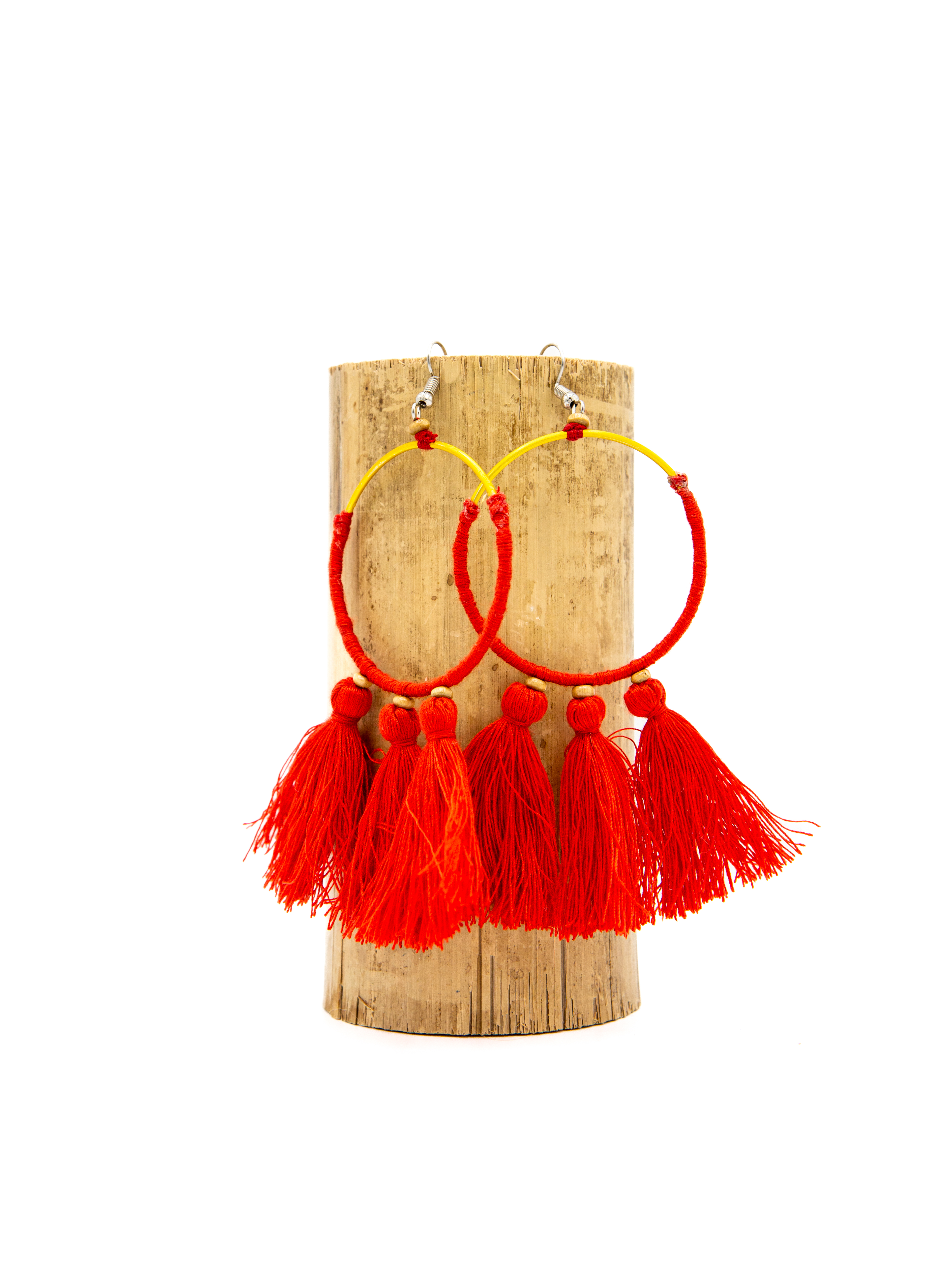 Earrings - hoops with tassels - red