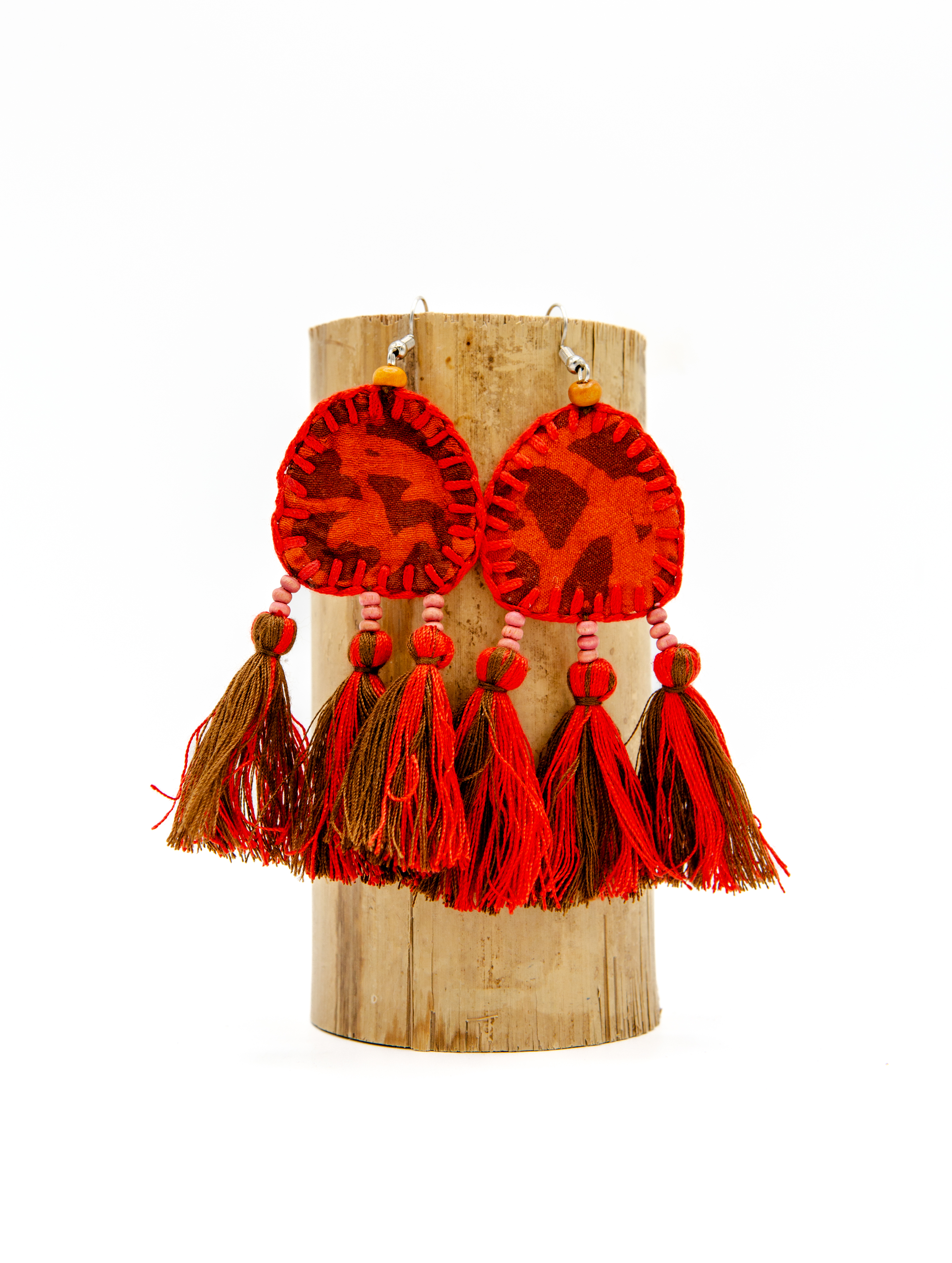 Earrings - textile with tassels - red