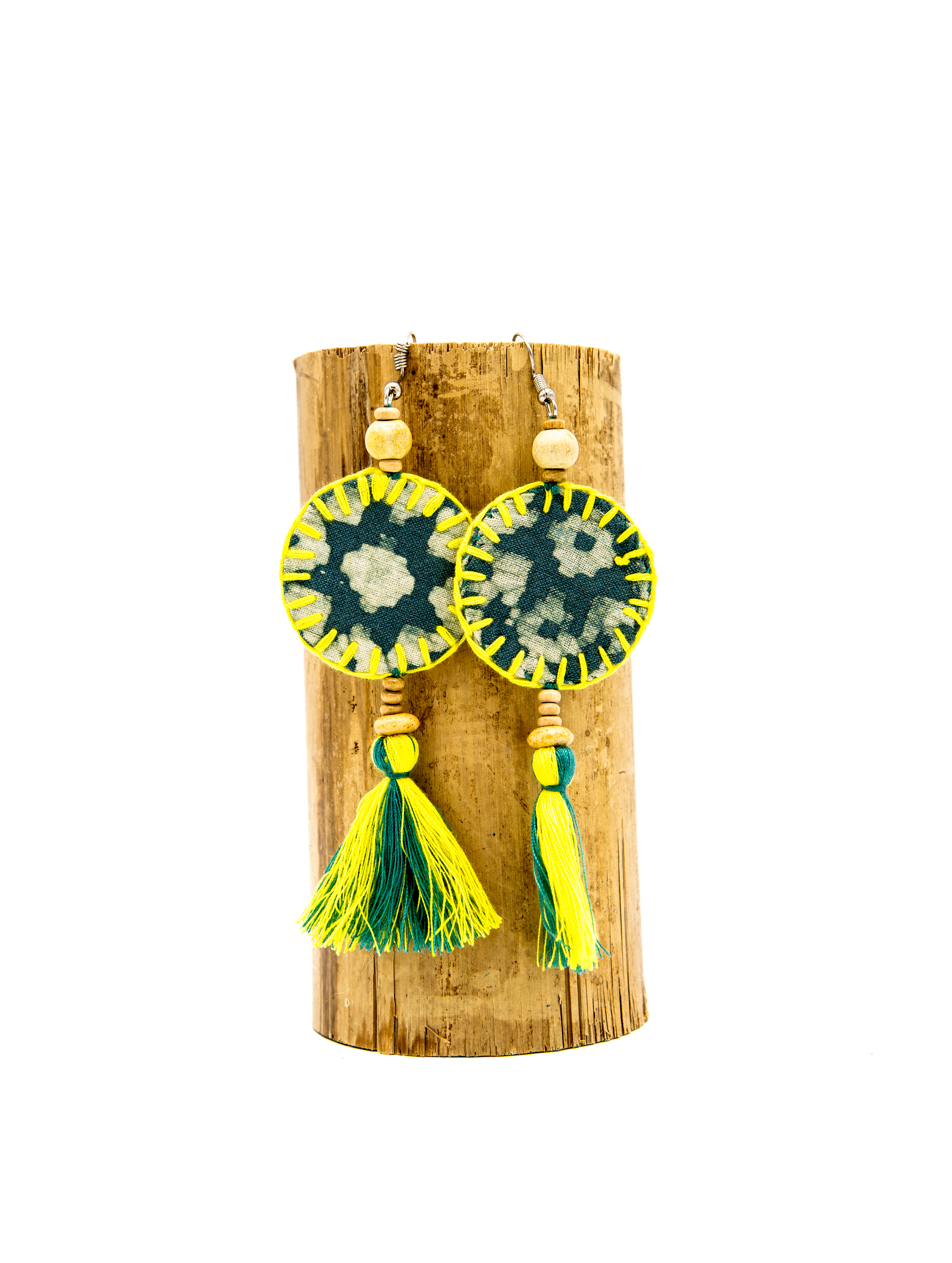 Earrings - textile with tassels -green/yellow