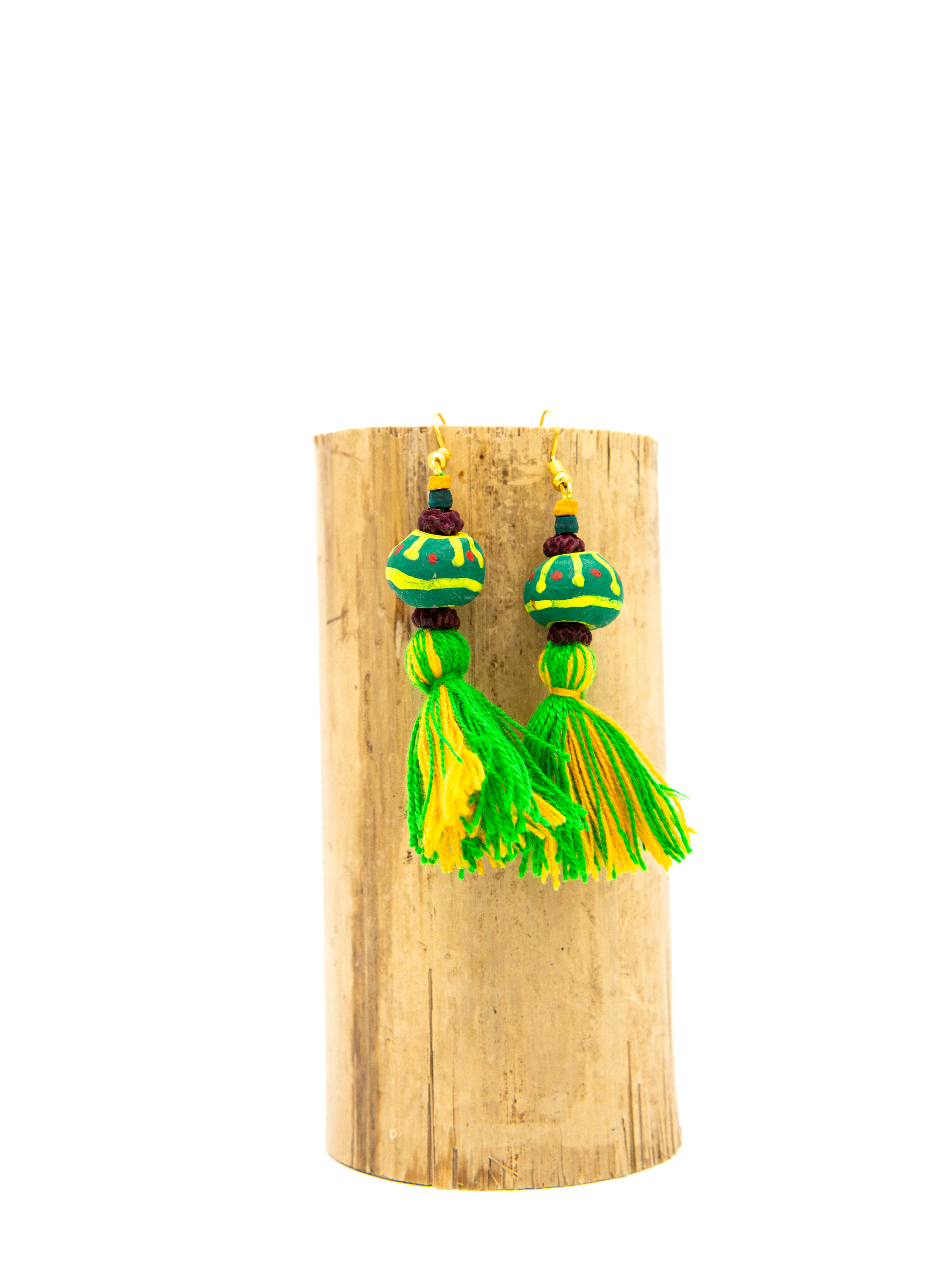 Earrings -hand-painted clay - tassels, green/yellow