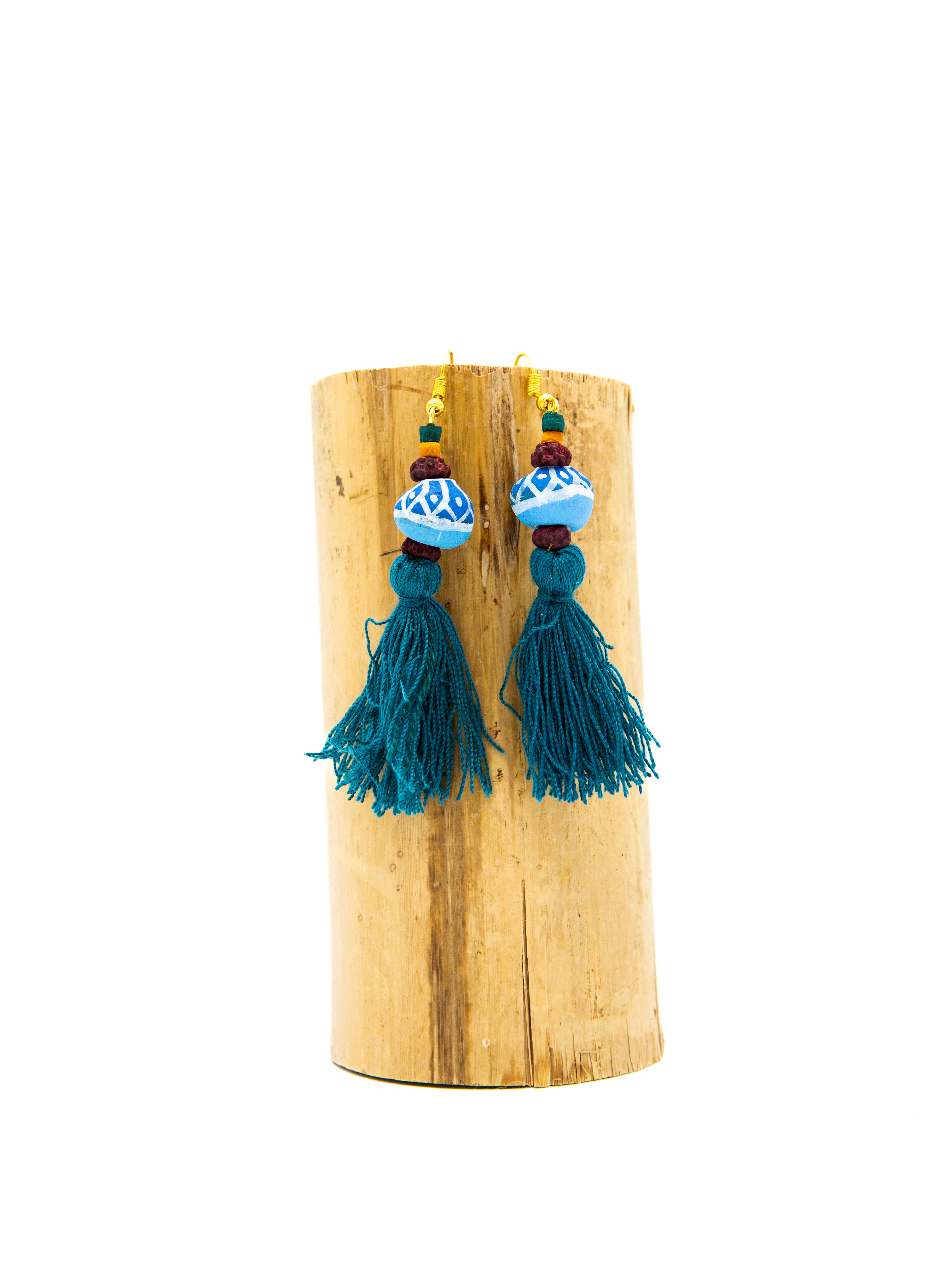 Earrings - hand-painted clay - tassels, blue